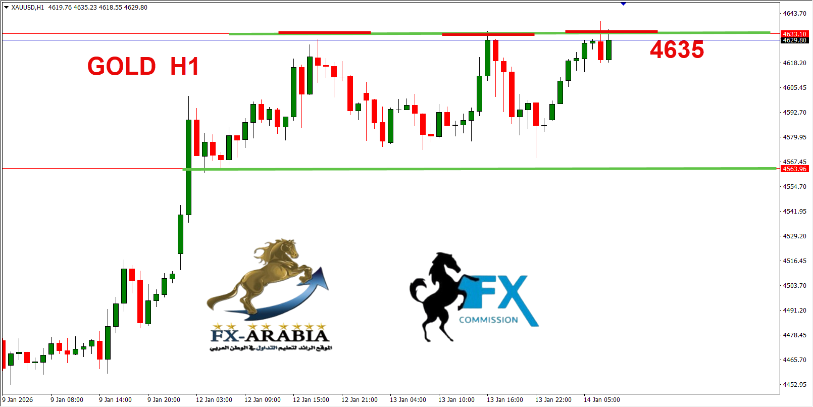 التحليل الفني الذهب اليوم 14/1/2026