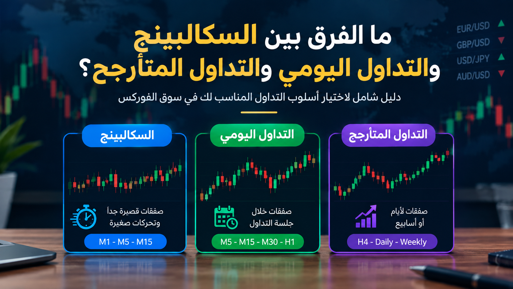 ما الفرق بين السكالبينج والتداول اليومي والتداول المتأرجح؟
